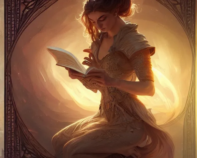 Image similar to close up of a dusty spell book, deep focus, d & d, fantasy, intricate, elegant, highly detailed, digital painting, artstation, concept art, matte, sharp focus, illustration, hearthstone, art by artgerm and greg rutkowski and alphonse mucha