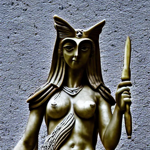 Image similar to Athen goddess of war staring at her small owl, she has a spear in her hand. macro 50mm leica noctilux wide angle lens photo.