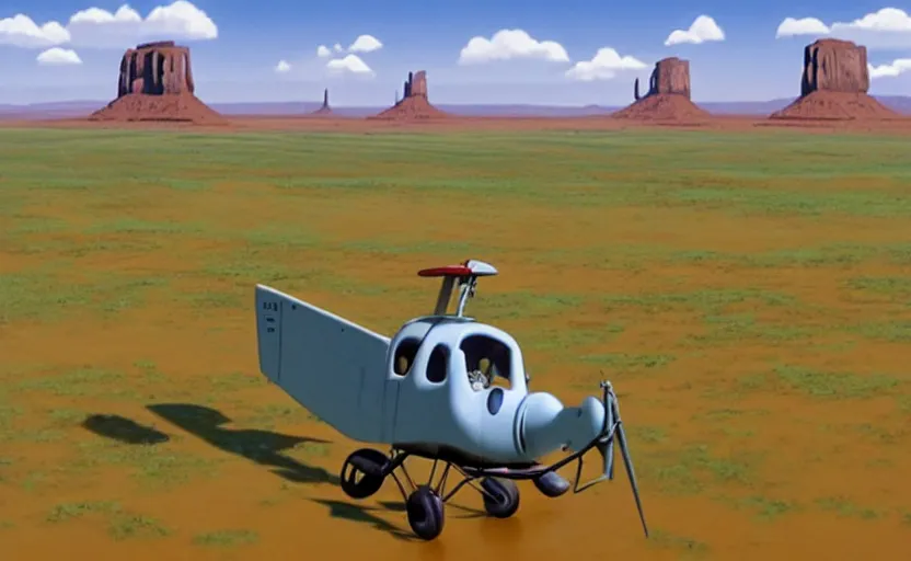 Image similar to a hyperrealist cell - shaded cartoon movie still from howl's moving castle ( 2 0 0 4 ) of a huge gyrocopter in a flooded monument valley. stonehenge is seen in the background with shafts of sunlight from above. very dull muted colors, hd, 4 k, hq