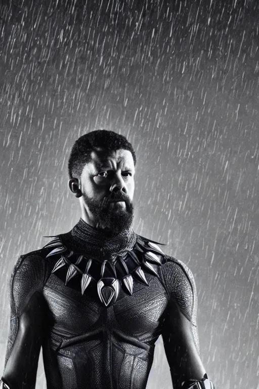 Prompt: portrait of Gavin Mcinnes in the Black Panther, close-up, sigma male, rule of thirds, award winning photo, highly detailed features, raining, ethereal lighting, Egypt Pyramid backdrop