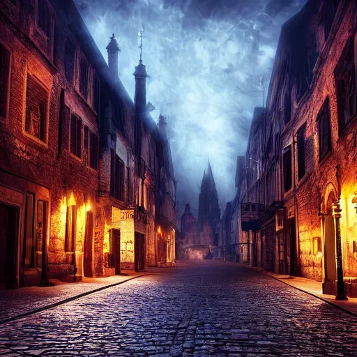 Prompt: quiet street in an old gothic city, high resolution, highly detailed, dark fantasy, night