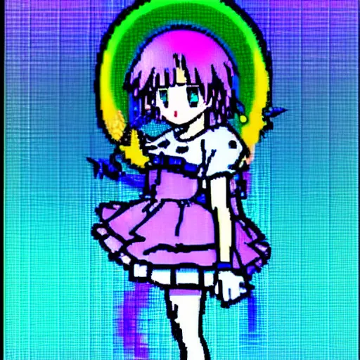 Image similar to CRT rainbowcore anime girl, saturation 100% full saturation, bitcrushed AI enhanced image, PS1 early computer graphics, maximalist maximalism video game UI