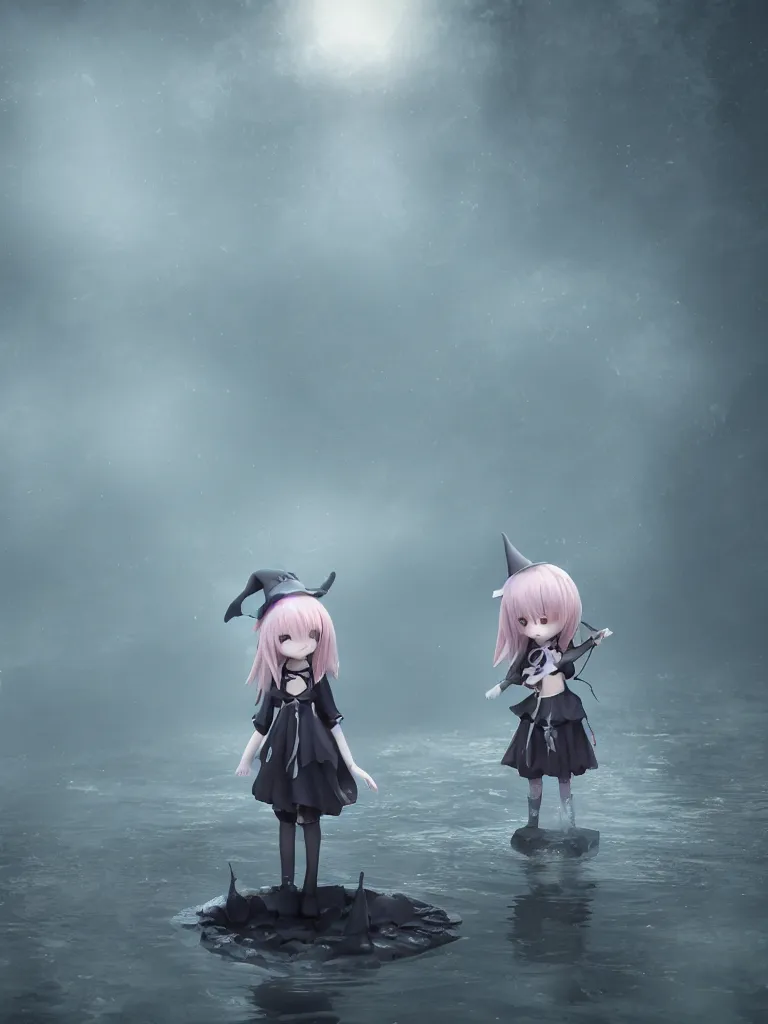 Image similar to cute fumo plush girl witch standing in reflective murky river water, gothic horror maiden in tattered cloth, volumetric fog and smoke in hazy abyss, light shafts shining through the dusky light, moonglow, lens flare, chibi anime, vray