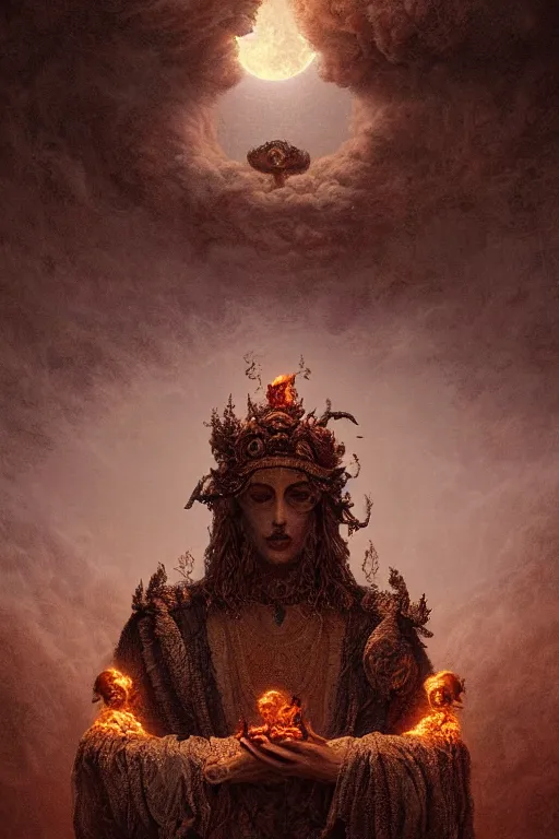 Prompt: Intricate stunning highly detailed deity by agostino arrivabene, Greg Rutkowski , surreal, digital painting, ultra realistic, Horror vacui, dramatic lighting, full moon, ravens, thick black swirling smoke tornado, burning fire embers, artstation