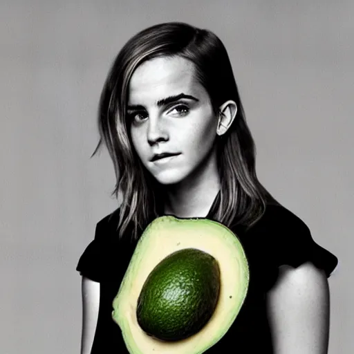 Image similar to portrait photograph of emma watson an an avocado