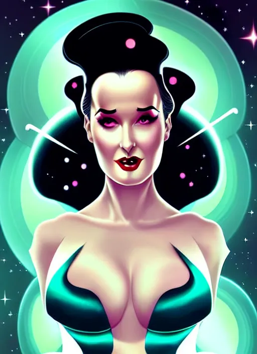 Image similar to a retro sci - fi pinup illustration of dita von teese in the style of anna dittmann and in the style of charlie bowater.