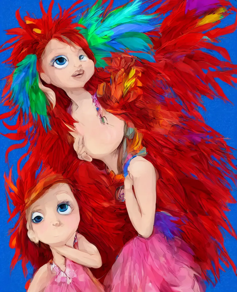 Prompt: little girl with eccentric red hair wearing a dress made of colorful feathers, concept art, smooth, cartoon art style