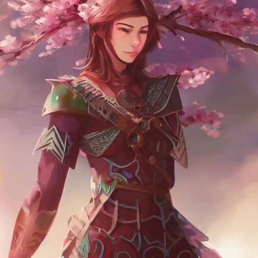 Image similar to - H 768 a zigmerian warrior in a cherry blossom field, Artgerm, artstation, digital art, sharp focus, high fantasy, illustration, D&D, pale colors