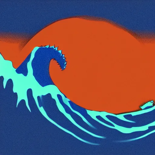 Image similar to a blue water wave in the silhouette shape of Godzilla, cartoon drawing