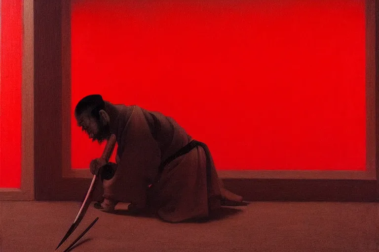 Image similar to only with red, a red samurai do seppuku, tokio, a lot of frogs watch, in the style of beksinski, parts by edward hopper, parts by rodcenko, parts by yue minjun, intricate and epic composition, red by caravaggio, insanely quality, highly detailed, masterpiece, red light, artstation, 4 k