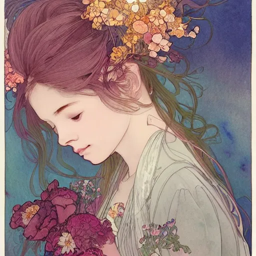 Image similar to a beautiful intricate watercolor illustration of a sleeping girl with flowers,, 4 k, ultra - wide angle, by william turner, by victo ngai, by alphonse mucha, by miho hirano, by moebius, hd, trending on artstation, hyper detailed, muted intense colors