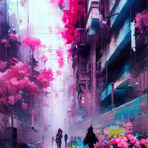 Image similar to acrylic painting, impressionism and expressionism, bold colors, expressive brushstrokes. a city street with pink flowers, cyberpunk art by wadim kashin, cgsociety, panfuturism, cityscape, dystopian art, anime aesthetic