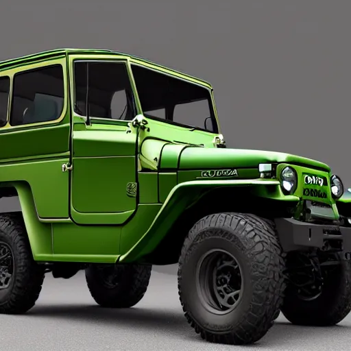 Image similar to closeup of a green Toyota Fj43 build in 1981, black roof, with a roof rack, detailed, by Leonardo da Vinci, 8K, octane render, 8K,