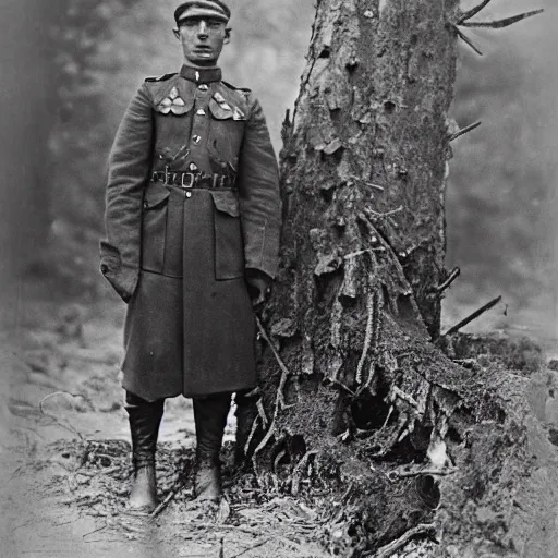 Prompt: a guinea pig wearing a Russian ww1 uniform surrounded by dead trees, grainy black and white photograph