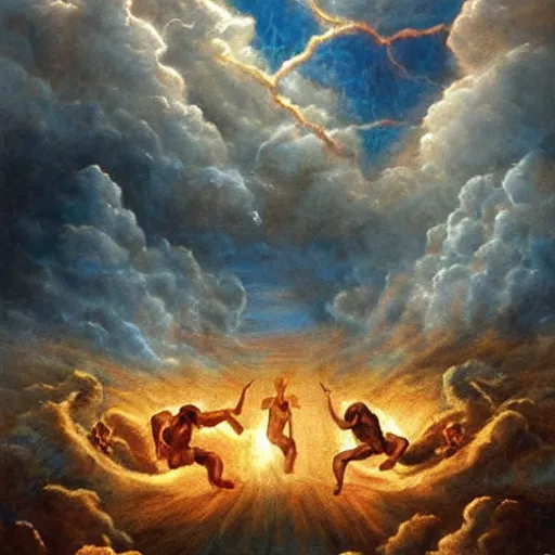 Image similar to heaven vs hell, biblical art style, photorealistic