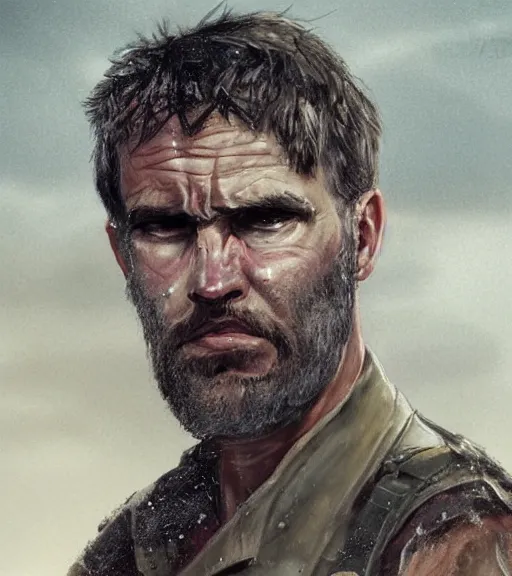 Image similar to portrait of muscular, tired and alcoholic 3 0 - year - ol 5 grieving man with short darkblonde hair, serious sad look in his eyes, looking down, dirty beard, blue eyes, crying tears, wearing dirty soldier uniform, on the desert, sad atmosphere, hyper realistic face, character art, art by mark brooks, cryengine, trending on artstation, digital art