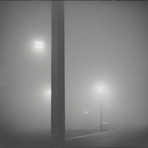 Image similar to a towering concrete wall thay reaches into the sky with small street lamps in front of it, foggy, night, dark, old polaroid, expired film, megalophobia,