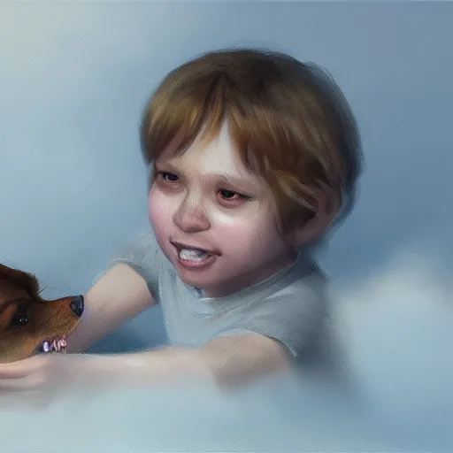 Image similar to child eating a dog, oil painting, ntricate, detailed, volumetric lighting, scenery, digital painting, highly detailed, artstation, sharp focus, illustration, concept art,