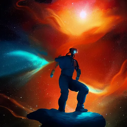 Image similar to digital painting of a man ascending to galactical bliss, stars and nebulas behind, dynamic lighting, cinematic shot, concept art, sci - fi, fantasy, artstation