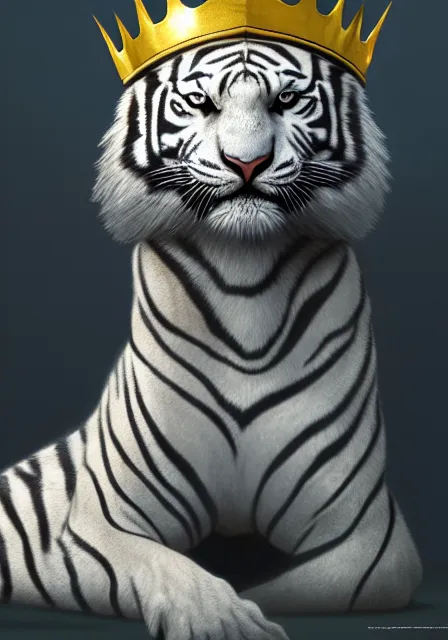 Prompt: artwork of a white tiger king with gold crown and blue king suit, concept art, portrait, super detailed, 4 k hd, trending on artstation, deviantart, octane render, cry engine, unreal engine 8 k, cycles x, digital painted, low contrast, made by greg rutkowski and viktoria gavrilenko