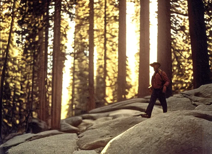 Prompt: a 2 8 mm macro kodachrome photo of a man hiking in yosemite national park in the 1 9 5 0's, seen from a distance, bokeh, canon 5 0 mm, cinematic lighting, film, photography, golden hour, depth of field, award - winning