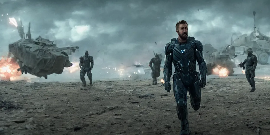 Prompt: Ryan Gosling as War Machine in 'Avengers: Endgame' (2019), movie still frame, oscar nominated cinematography, volumetric lighting, 8k resolution, beautiful composition