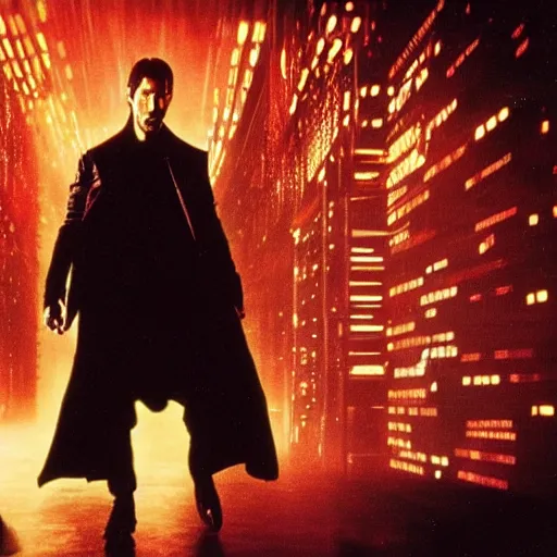 Image similar to film still neo keanu reeves in blade runner, 8 k w 7 6 8