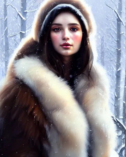 Image similar to a beautiful siberian girl with bear fur coat with hot decollete | | winter, realistic shaded, unpleasant face, bad looking, fine details, realistic shaded lighting poster by greg rutkowski, magali villeneuve, artgerm, jeremy lipkin and michael garmash and rob rey