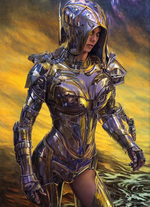 Prompt: a biblical diabolical beautiful female valkyree android, shiny hi - tech armor, dynamic pose, splashing, heavy eyes to the side, closeup, bright glowing veins, in clouds, rain, sunset, portrait, by gerald brom, by mikhail vrubel, by peter elson, muted colors, extreme detail, reflections, trending on artstation, 8 k