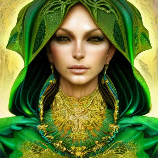 Image similar to a beautiful woman wearing a green kaftan made of silk with golden ornaments by alex gray and android jones , Karol Bak, Ayami Kojima, Amano , concept art, character design, fantasy,3D, 8k resolution