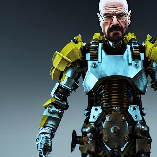 Image similar to Walter White in cybernetic battle armour, 4k octane render, highly detailed