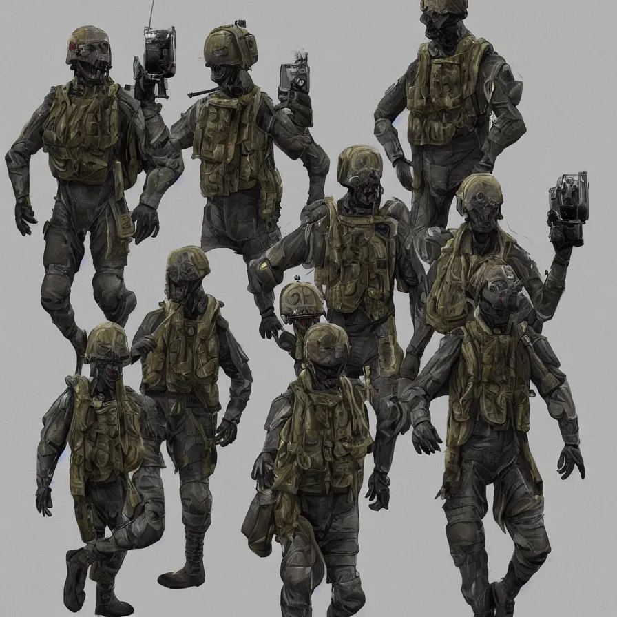 Image similar to suited beings, 4 limbs and civilized behavior, military soldier behavior, photorealistic rendering, hyperdetailed