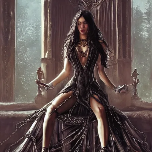 Image similar to a queen is sitting on her throne dressed in chains, looks like megan fox, beautiful highly detailed face, complementary lighting, backlit, black eyeshadow, grinning, adventure, dramatic lighting, landscape background, beautiful painting by artgerm and greg rutkowski and raymond swanland