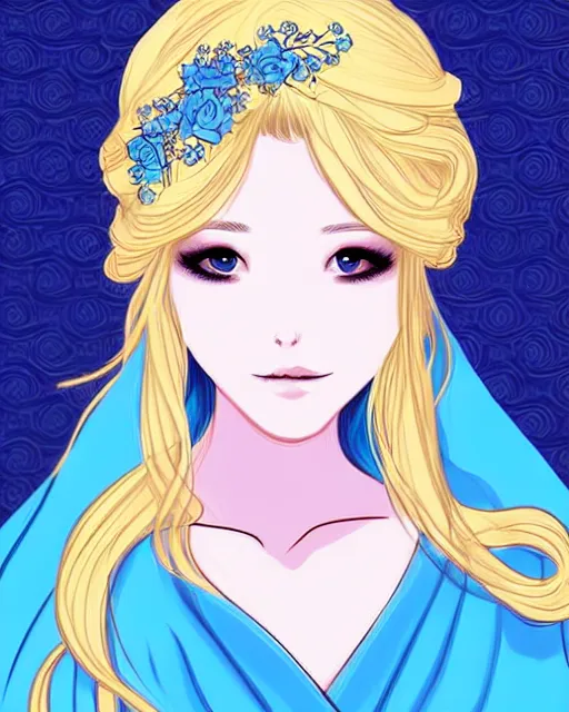 Image similar to a blonde woman wearing a blue veil and blue robes with ornate patterns, webcomic style | | very very manhwa!!!, fine - face, realistic shaded perfect face, fine details. manhwa. realistic shaded lighting poster