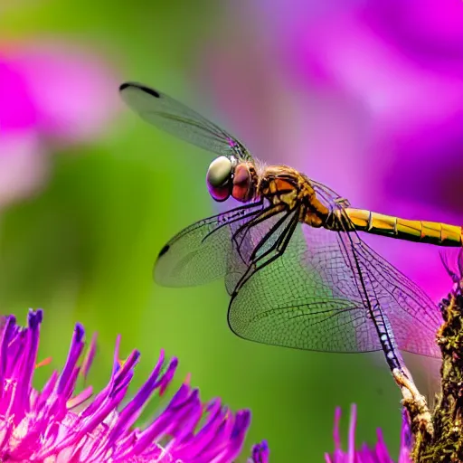 Prompt: a dragonfly finding a fairy on a flower, sunshine, beautiful macro photography, garden, warm ambient light