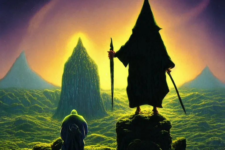 Prompt: a wizard cultist standing in the distance by tim white,