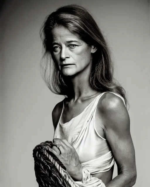 Prompt: The beautiful young actress Charlotte Rampling as the greek Fate Clotho, one of the weavers of Destiny, photographed in the Style of Annie Leibovitz , studio lighting