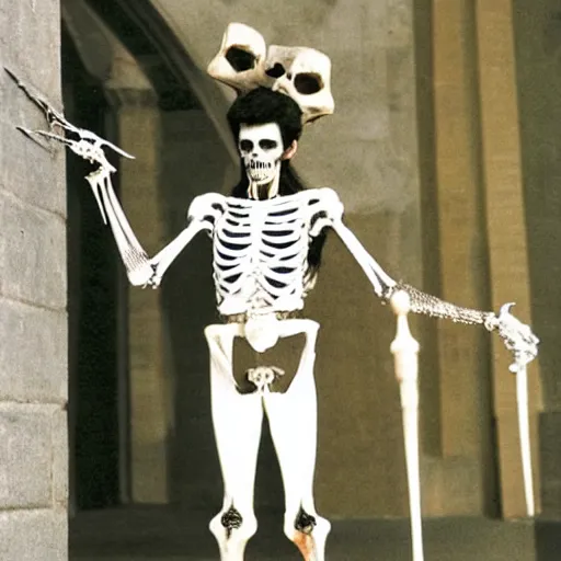 Prompt: david bowies as lucifer from neil gaimans sandman, standing at the gates of hel, holding a liong skeletal key