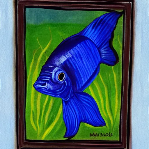 Prompt: dark blue beta fish swimming in a fish tank oil painting