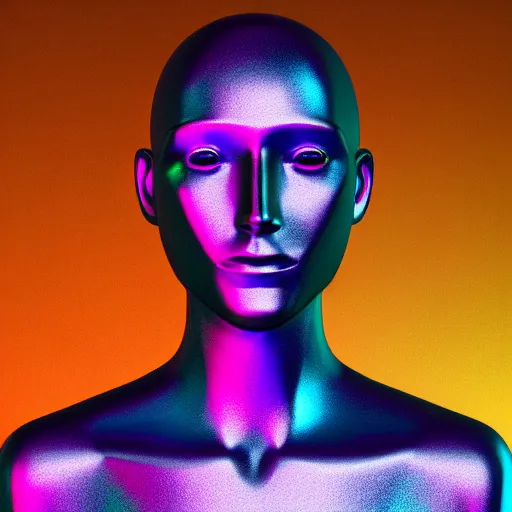 Image similar to 3d render of holographic human robotic head made of glossy iridescent, surrealistic 3d illustration of a human face non-binary, non binary model, 3d model human, cryengine, made of holographic texture, holographic material, holographic rainbow, concept of cyborg and artificial intelligence