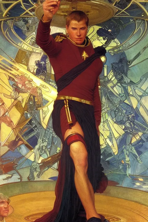 Prompt: An Epic Tarot Card of Captain James Kirk commanding the starship enterprise, amazing colour harmony and variation, simple background, by Donato Giancola, William Bouguereau, John Williams Waterhouse and Alphonse Mucha
