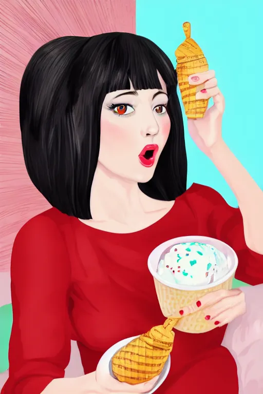 Image similar to cute girl in red dress with black hair and large beautiful eyes consuming ice cream in her bed, digital art