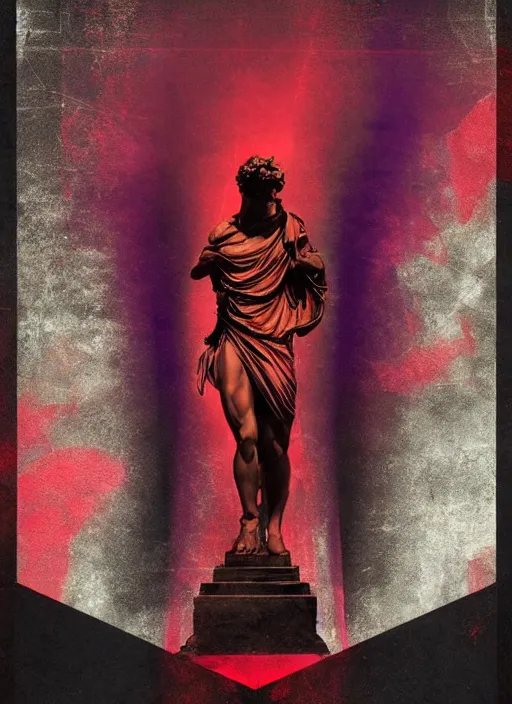 Prompt: dark design poster showing a greco roman statue, black background with very subtle red and purple design elements, powerful, nekro, vito acconci, thin straight lines, dark, glitch art, neo vaporwave, gritty, layout frame, square, trending on artstation