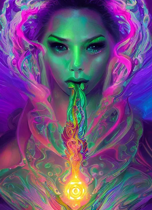 Image similar to psychedelic [ [ [ chemiluminescence ] ] ] elegant woman chakra spirit with smoke and fluid dynamics, colorful, psychedelic, ornate, intricate, digital painting, concept art, smooth, sharp focus, illustration, blacklight reacting, art by artgerm and greg rutkowski