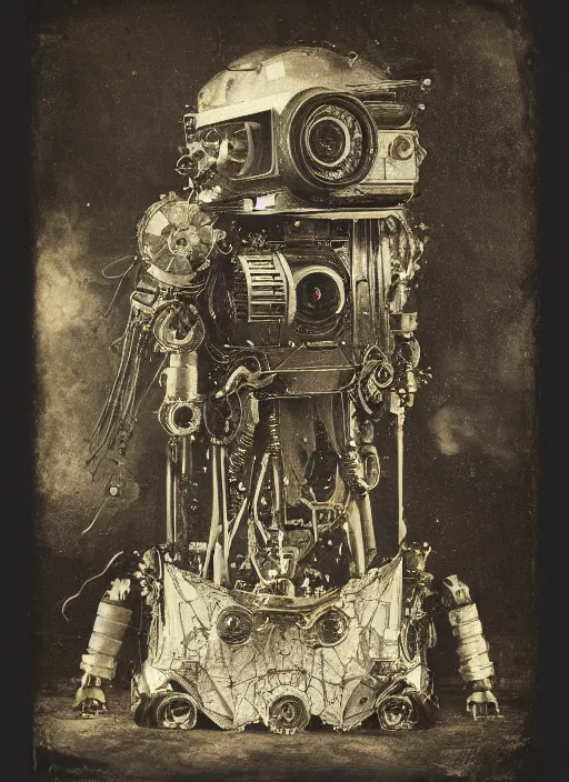 Image similar to old wetplate daguerreotype portrait of futuristi robot, dubbel exposuree, explosion of data fragments, fractal, intricate, elegant, highly detailed, parallax, leica, medium format, subsurface scattering, by jheronimus bosch and greg rutkowski and louis jacques mande daguerre