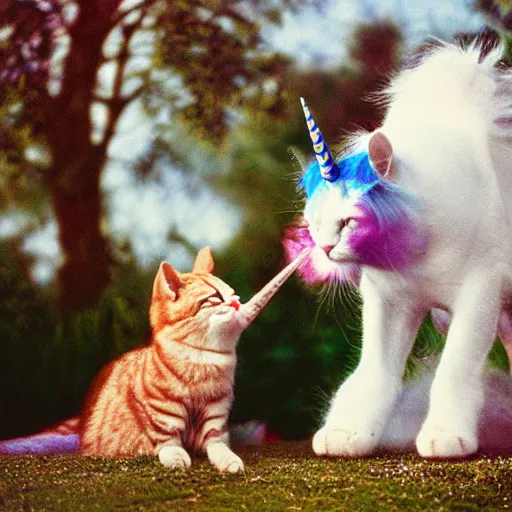 Prompt: a unicorn sneezing a cat out of its horn, canon 5 d 5 0 mm lens kodachrome n - 9 h - 7 0 4
