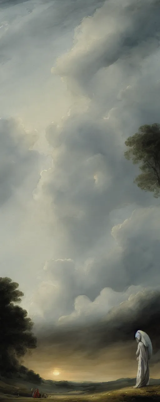 Prompt: a beautiful watercolor painting of a white landscape, gigantic mushroom - shaped clouds in the horizon, an angel standing still, human figures standing still, ash and meteors falling from the sky, in the style of paul sandby and antonio guidotti, 8 k, trending on artstation, pastel color scheme