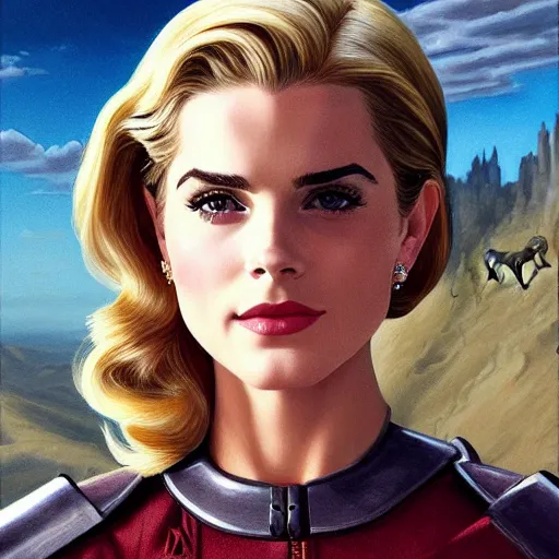 Image similar to A combination of Grace Kelly's and Emma Watson's and Ashley Greene's appearances with blonde hair wearing Power armor, full body portrait, western, D&D, fantasy, intricate, elegant, highly detailed, digital painting, artstation, concept art, matte, sharp focus, illustration, art by Donato Giancola and James Gurney