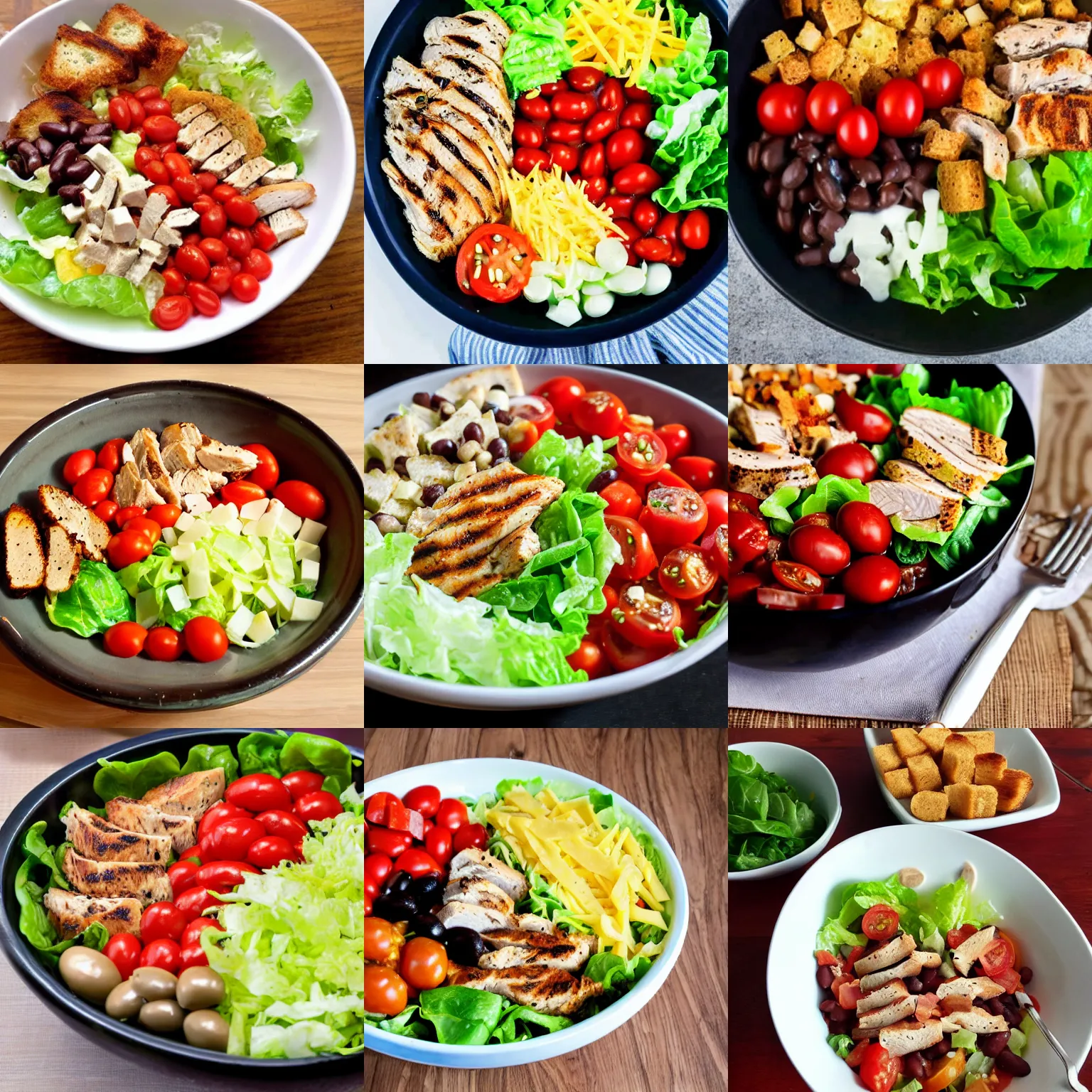 Prompt: bowl with beans tomatoes, shredded cheese, croutons, romain lettuce, grilled chicken, olives covered in dressing
