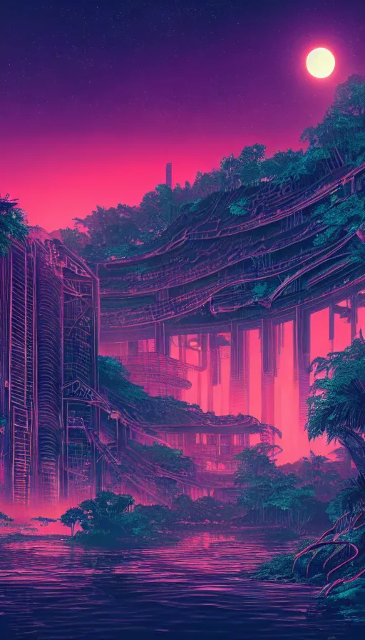 Image similar to reclaimed by nature by moon hoon, darkacademia atlantis cosmic san andreas at dawn neon signs tokyo synthwave universe, archdaily, wallpaper, highly detailed, trending on artstation.